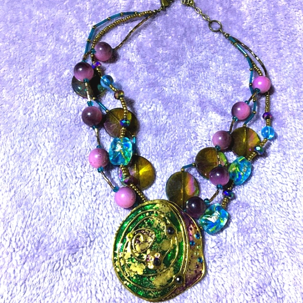 Handmade Chunky Purple Necklace Round Gold Pendant